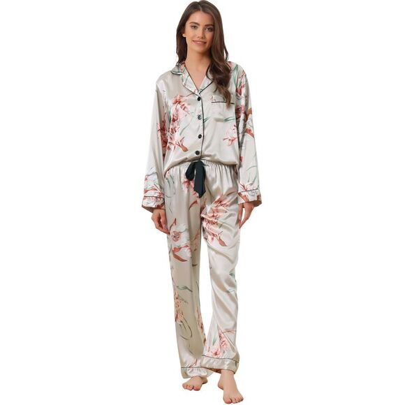 cheibear Other - Womens Satin Floral Pajamas Sleepwear Long Sleeve Pjs Button Up Lounge Set Gray